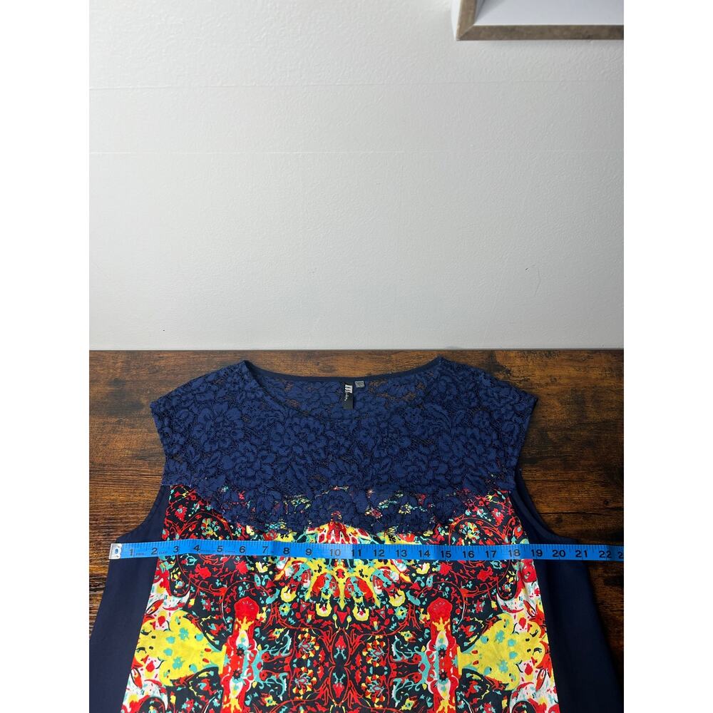 KUT from the Kloth Sleeveless Blouse Navy Lace Multicolor Print Sz L Boho Artsy - Picture 5 of 8